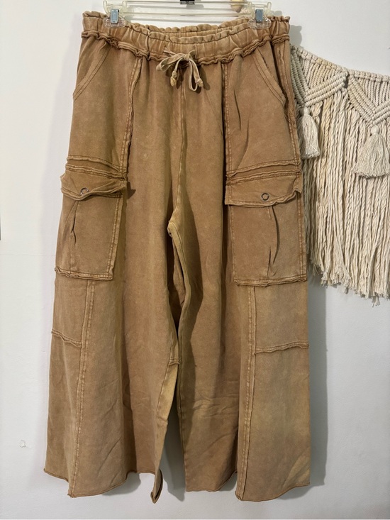 easel Pants - easel Women’s Washed Tan Cargo Drawstring Wide Leg Pants